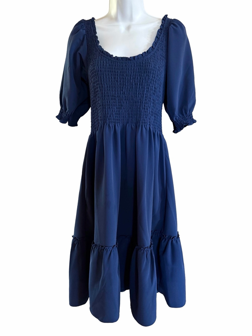 Hill House Home Louisa Nap Dress M Navy Crepe Smocked Puff Sleeve Midi